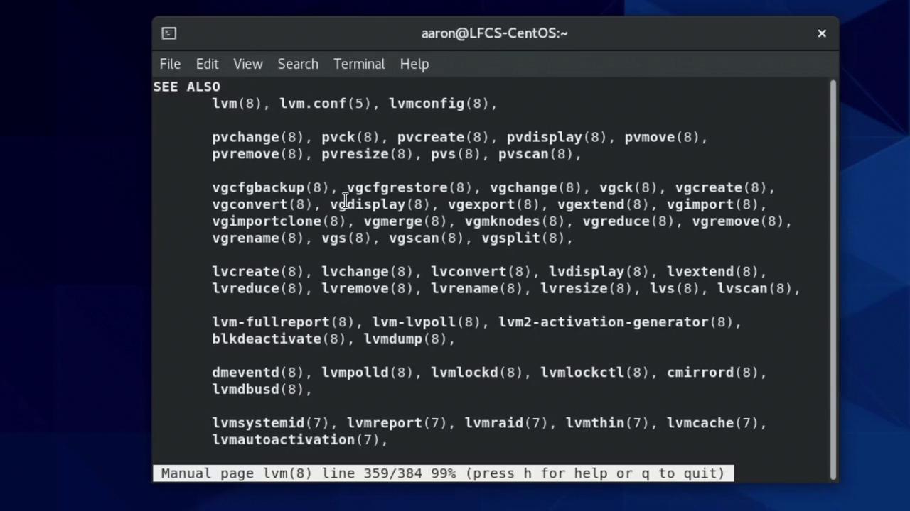 The image shows a terminal window displaying a list of Linux Logical Volume Manager (LVM) commands and related utilities. The text is part of a manual page, as indicated by the footer.