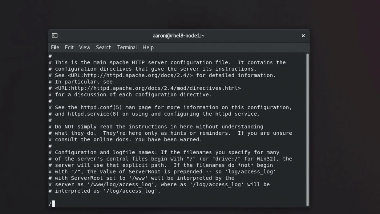 The image shows a text editor window displaying a configuration file for the Apache HTTP server, containing comments and instructions for server setup.