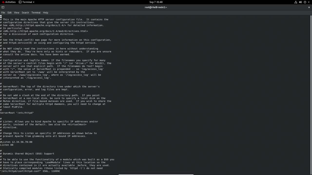 The image shows a terminal window displaying the configuration file for an Apache HTTP server, with comments and settings related to server directives and log file paths.