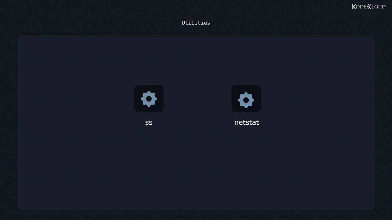 The image shows a dark-themed interface with two utility icons labeled "ss" and "netstat," each featuring a gear symbol. The title "Utilities" is displayed at the top.