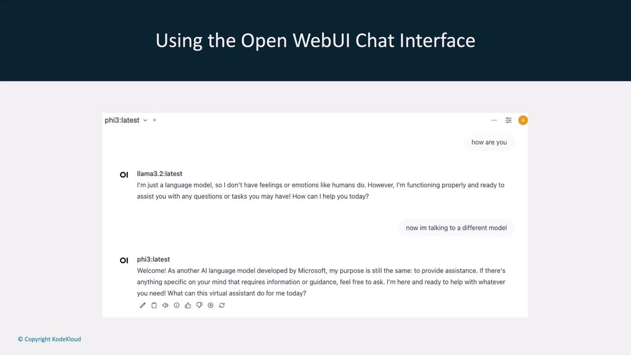 The image shows a chat interface with a conversation between a user and two AI language models, discussing their capabilities and readiness to assist. The title at the top reads "Using the Open WebUI Chat Interface."