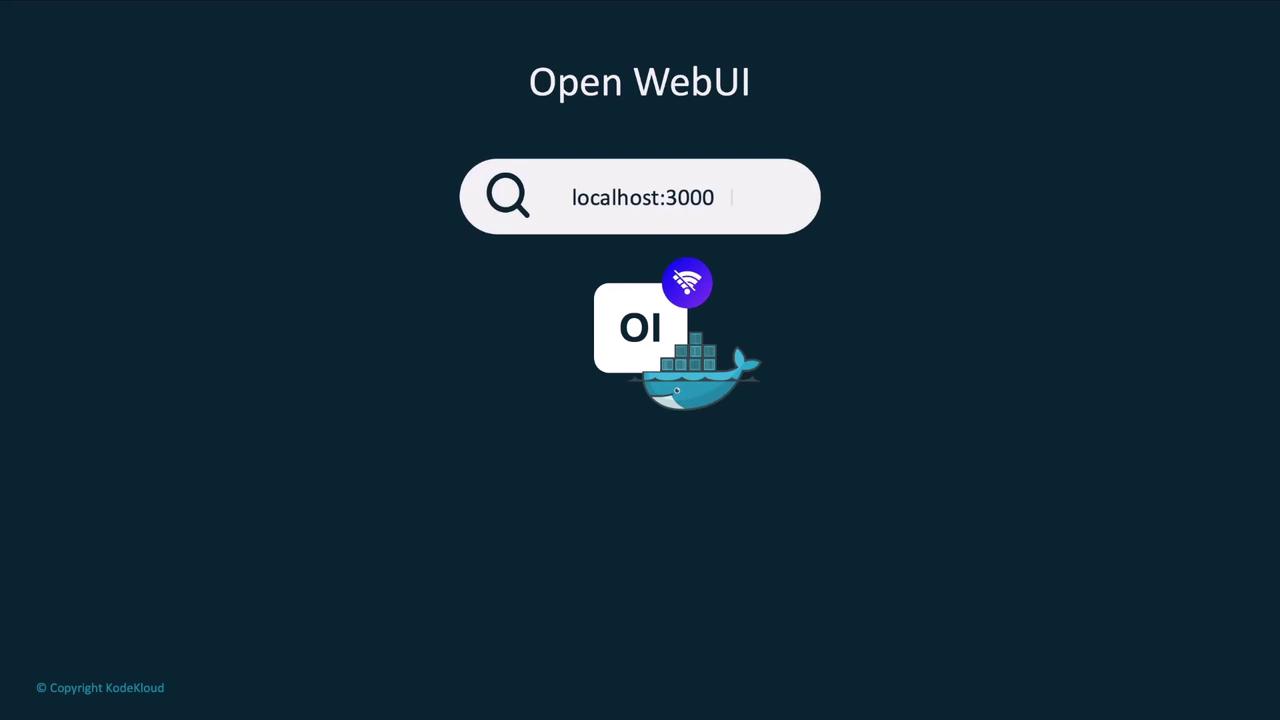 The image shows a search bar with the text "localhost:3000" and a Docker whale icon below it, labeled "Open WebUI."