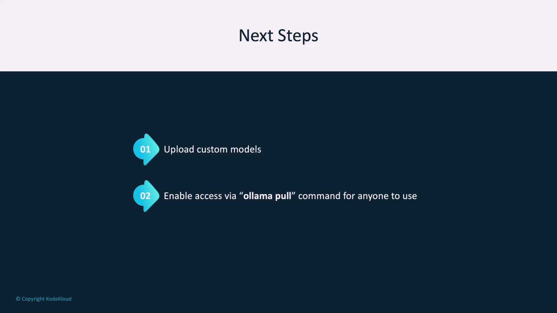 The image outlines two next steps: uploading custom models and enabling access via the "ollama pull" command.
