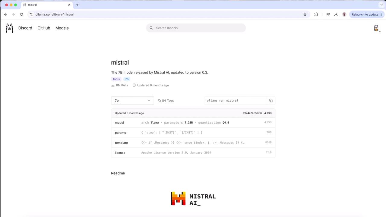 The image shows a webpage for the Mistral AI 7B model, detailing its version, parameters, and license information. The page includes options for searching models and accessing tools.