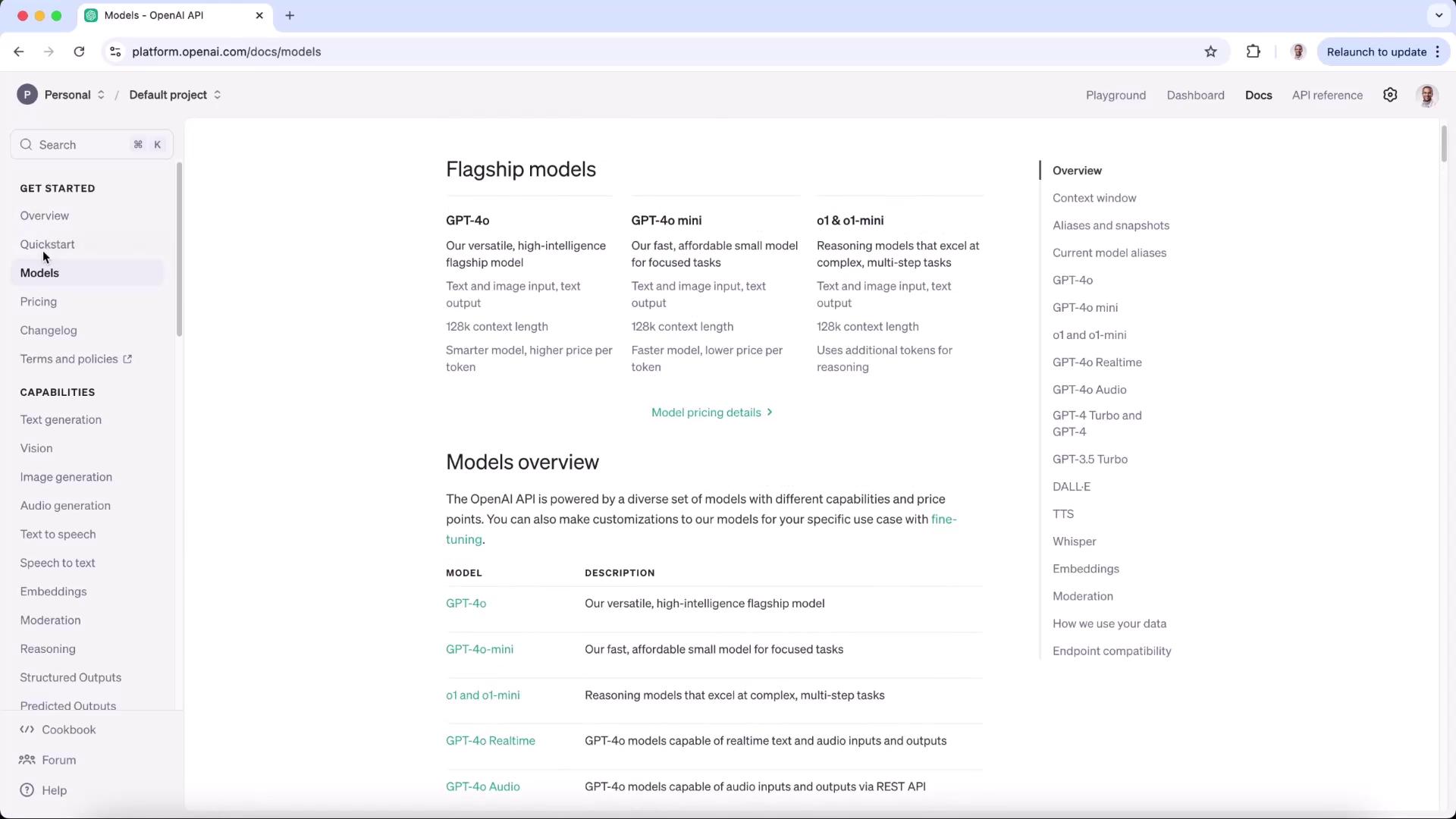 The image shows a webpage from the OpenAI API documentation, detailing flagship models like GPT-4o and their capabilities, along with a sidebar menu for navigation.