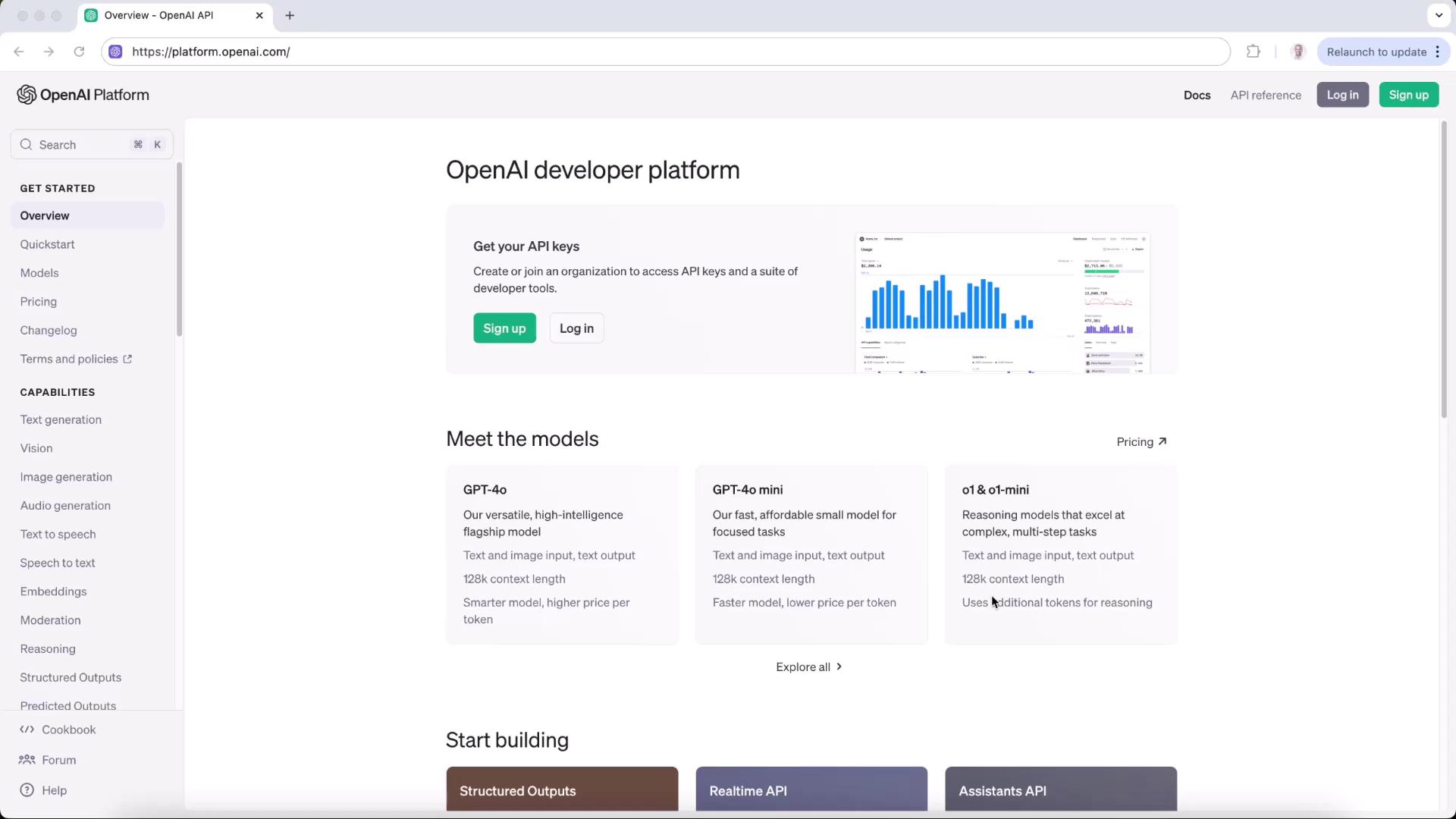 The image shows the OpenAI developer platform webpage, featuring options to sign up or log in, and information about different AI models like GPT-4o and o1-mini. The sidebar includes links to various capabilities and resources.
