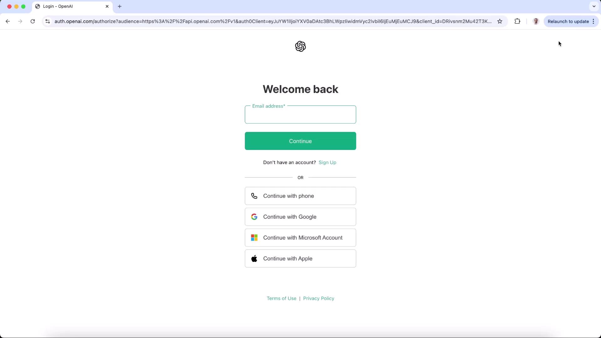 The image shows a login page for OpenAI, offering options to sign in with an email address, phone, Google, Microsoft, or Apple accounts.