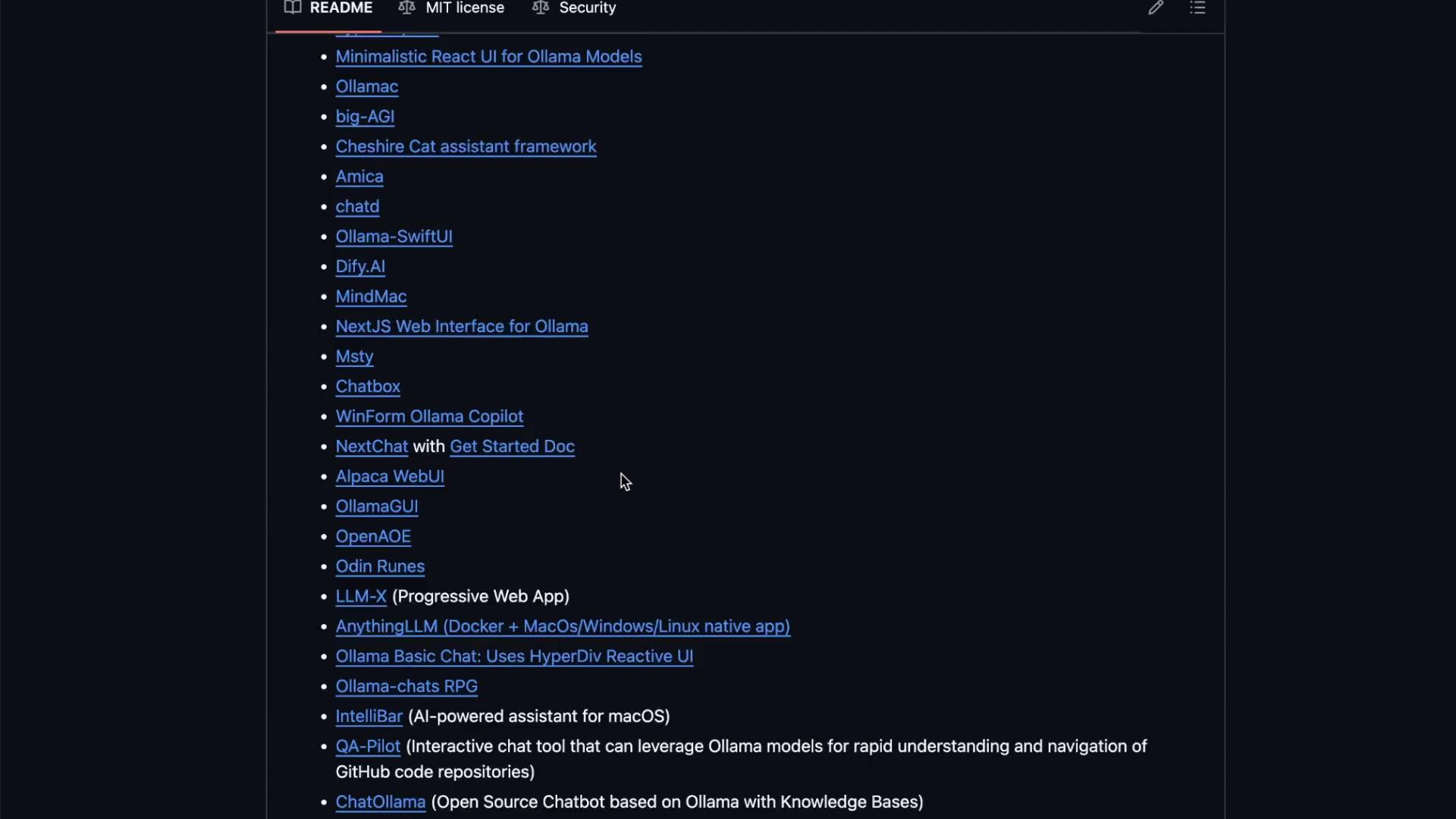 The image shows a list of links and descriptions for various software projects or tools, likely from a README file on a code repository platform.