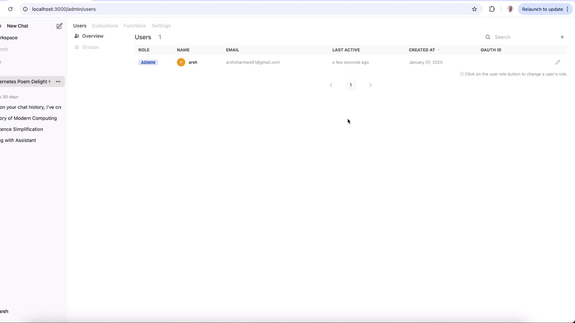 The image shows a user management interface with one user listed as an admin, displaying details like name, email, last active time, and creation date.