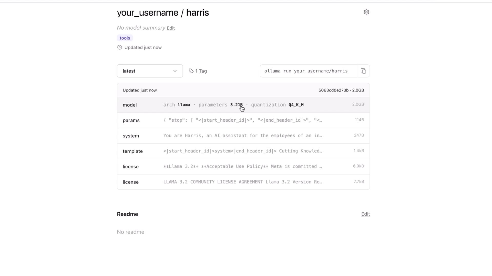 The image shows a user interface for a model named "harris" with details about its architecture, parameters, and quantization. It includes sections for model information, parameters, system description, template, and license details.