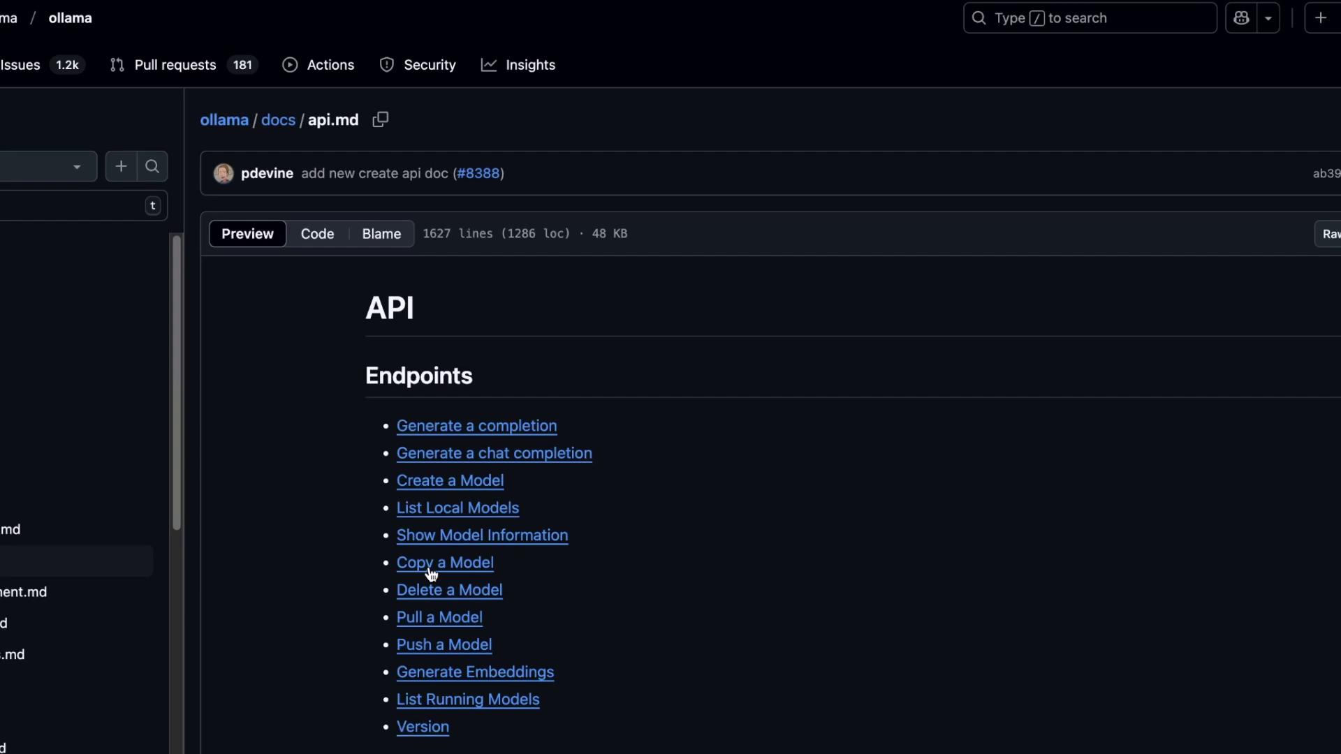 The image shows a GitHub repository page with a focus on an API documentation file, listing various endpoints such as "Generate a completion" and "Create a Model."