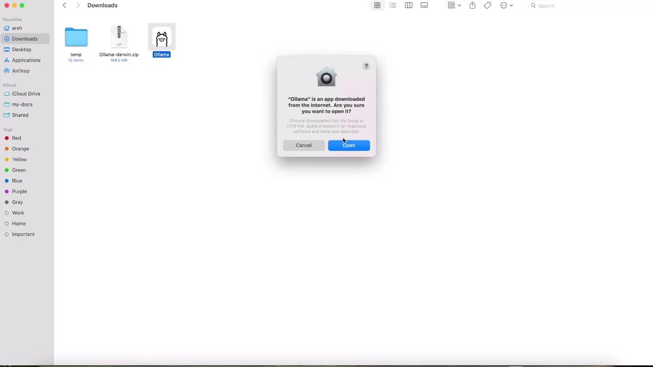 The image shows a Mac Finder window with a "Downloads" folder open, containing a folder, a ZIP file, and an app named "Ollama." A security prompt is asking if the user wants to open the downloaded app.