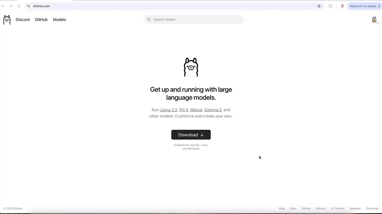 The image shows a webpage from ollama.com, offering a download for running large language models like Llama 3.3 and Phi 4, with options for macOS, Linux, and Windows.