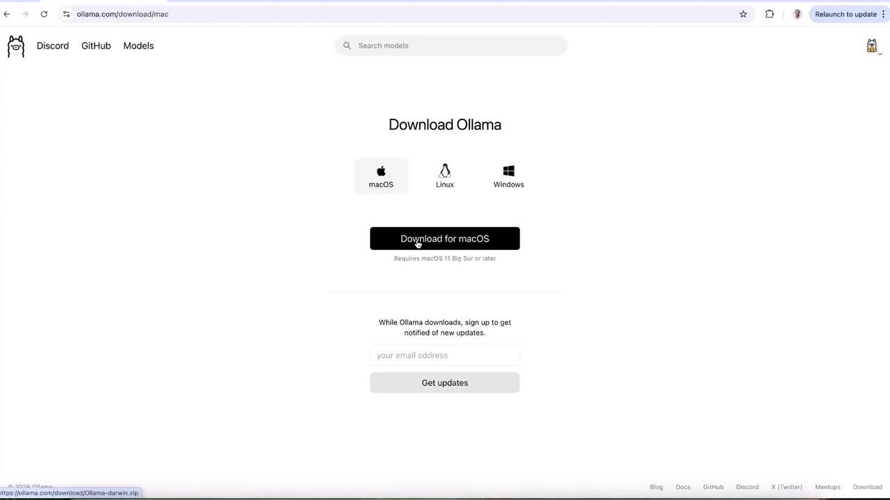The image shows a webpage for downloading "Ollama" with options for macOS, Linux, and Windows. It features a download button for macOS and a section to sign up for updates.