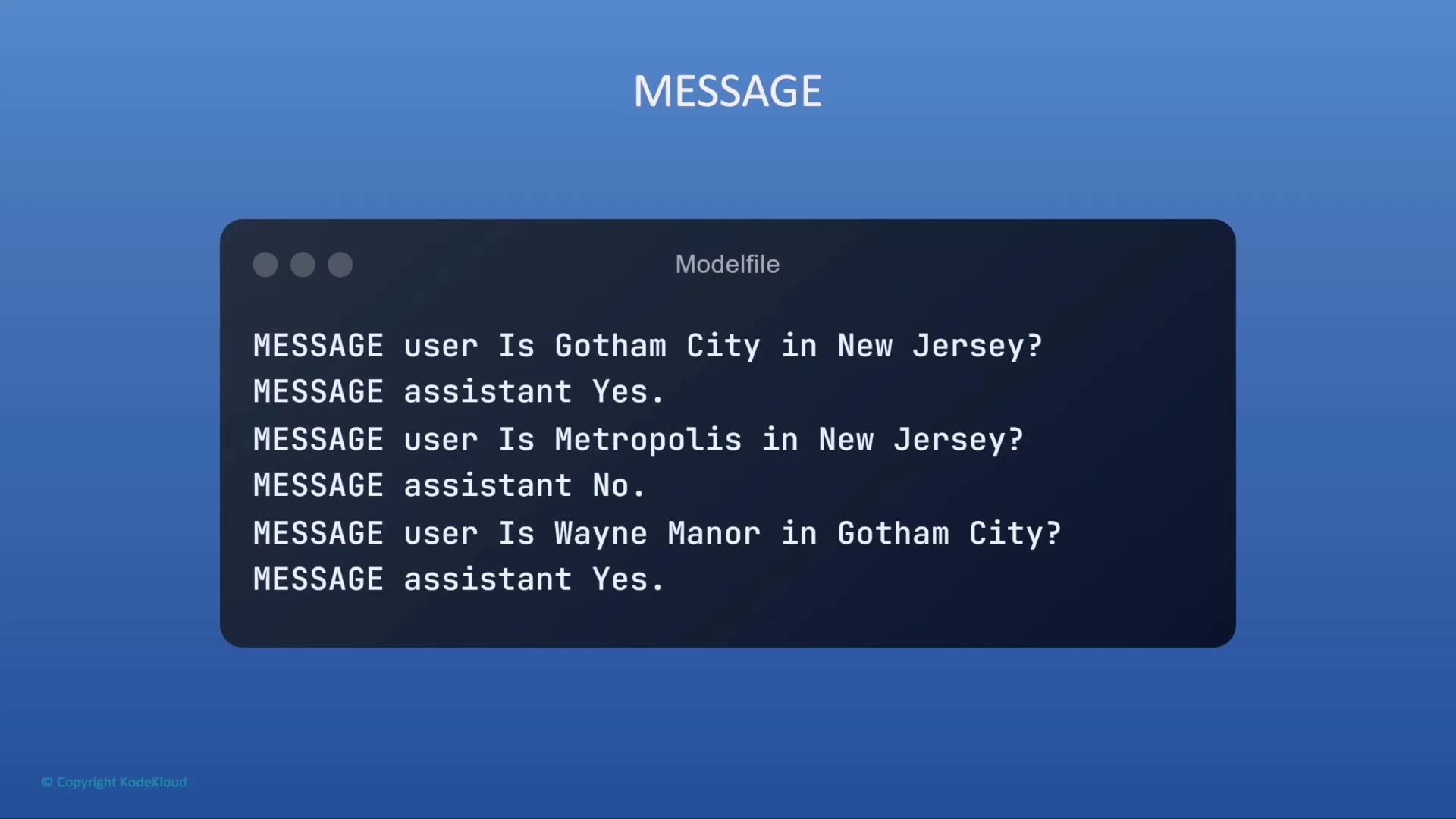 The image shows a text exchange between a user and an assistant discussing fictional locations, confirming Gotham City is in New Jersey and Wayne Manor is in Gotham City, but Metropolis is not in New Jersey.