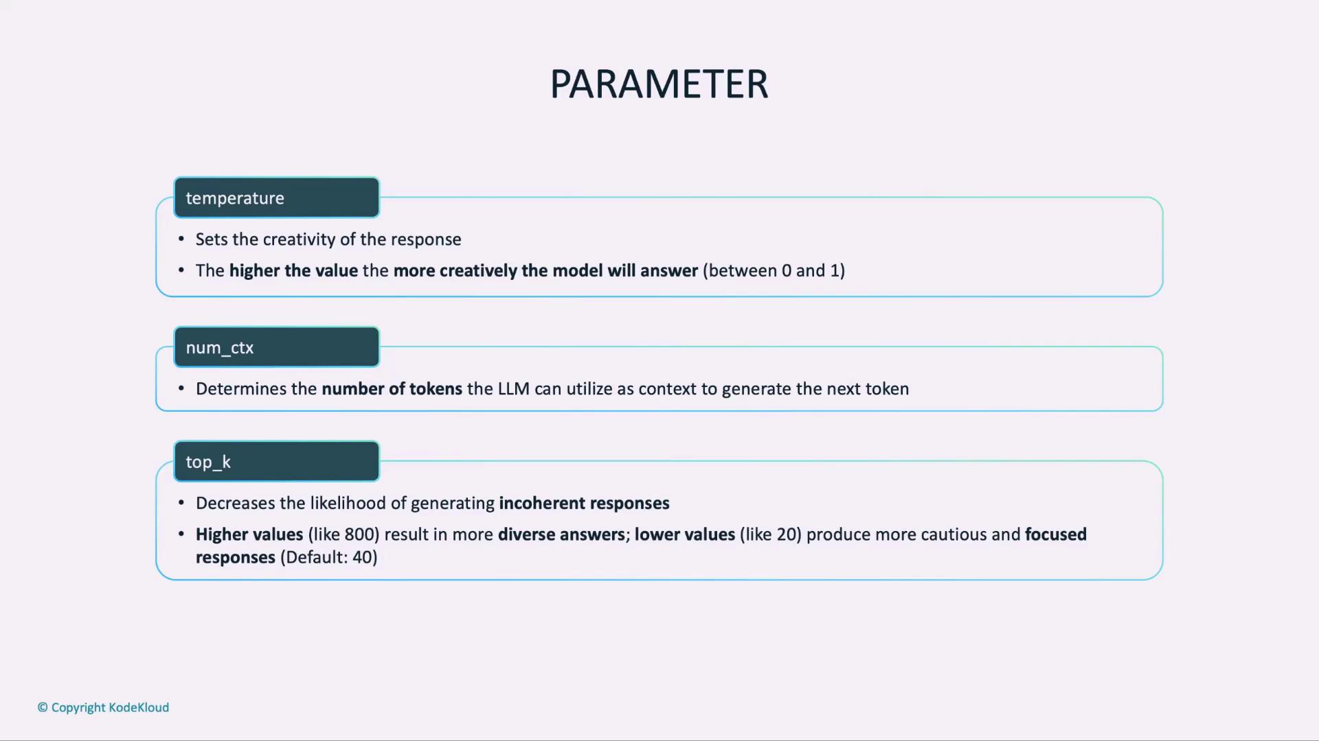 The image describes three parameters for a language model: "temperature" for creativity, "num_ctx" for the number of context tokens, and "top_k" for response diversity.