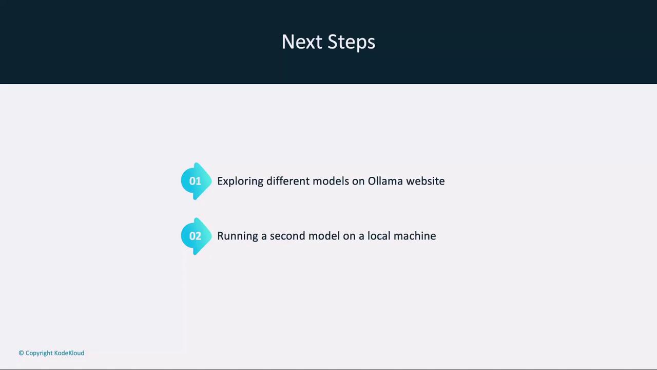 The image outlines two next steps: exploring different models on the Ollama website and running a second model on a local machine.