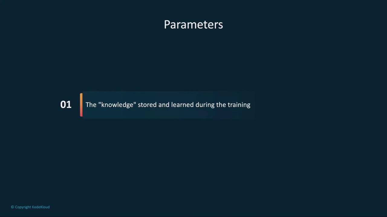 The image is a slide titled "Parameters" with a description stating, "The 'knowledge' stored and learned during the training."