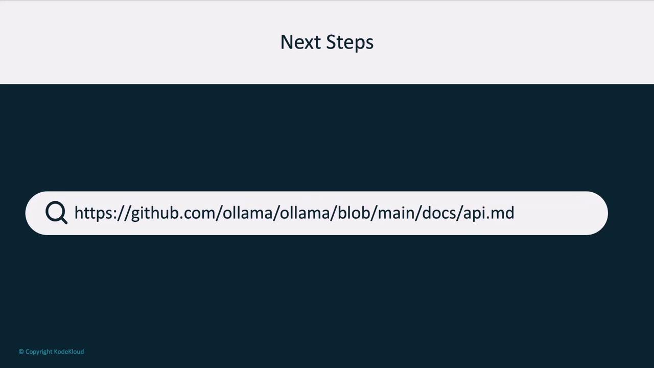 The image shows a "Next Steps" section with a URL link to a GitHub page related to API documentation.