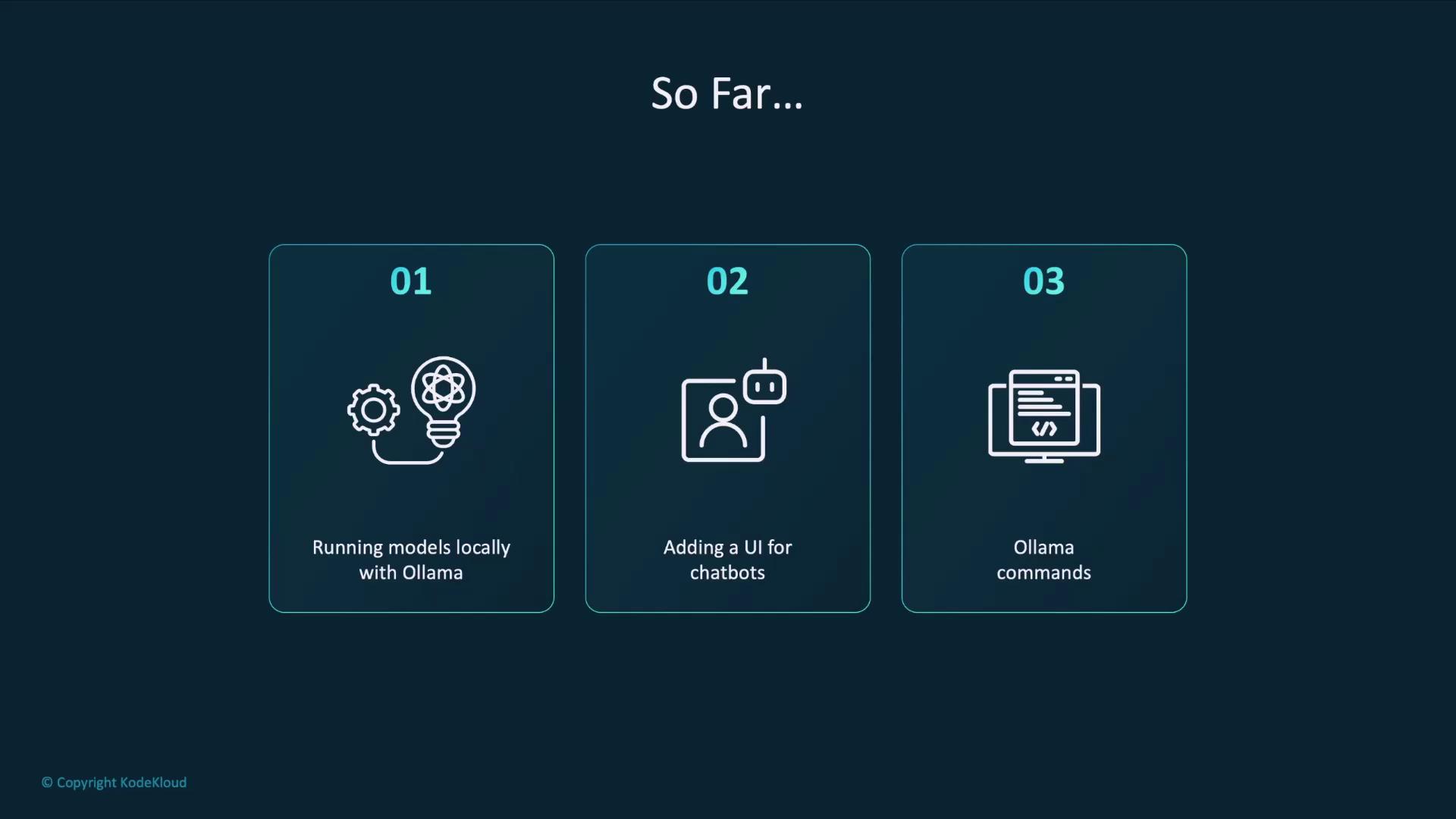 The image is a slide titled "So Far..." with three sections: "Running models locally with Ollama," "Adding a UI for chatbots," and "Ollama commands," each accompanied by an icon.