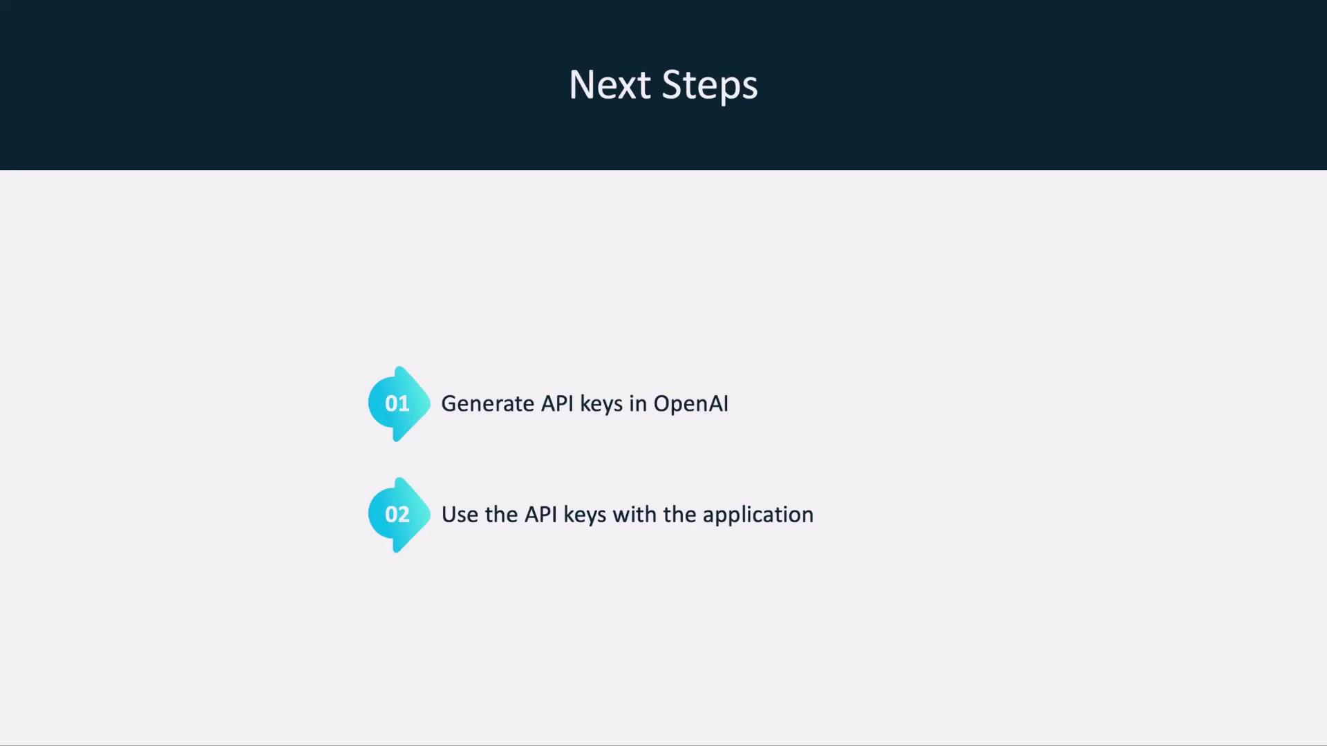 The image outlines two next steps: generating API keys in OpenAI and using these keys with an application.