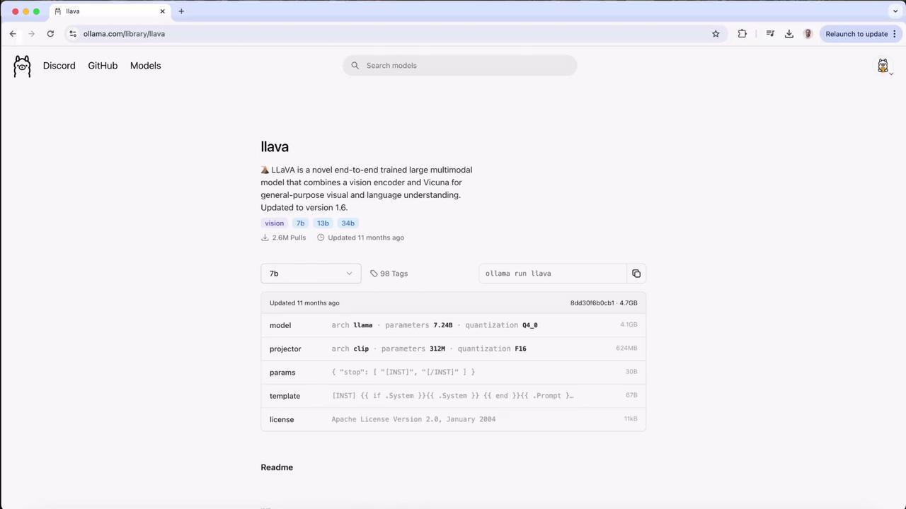 The image shows a webpage for "LLaVA," a multimodal model combining a vision encoder and Vicuna for visual and language understanding, updated to version 1.6. It includes details about the model's parameters, quantization, and license information.