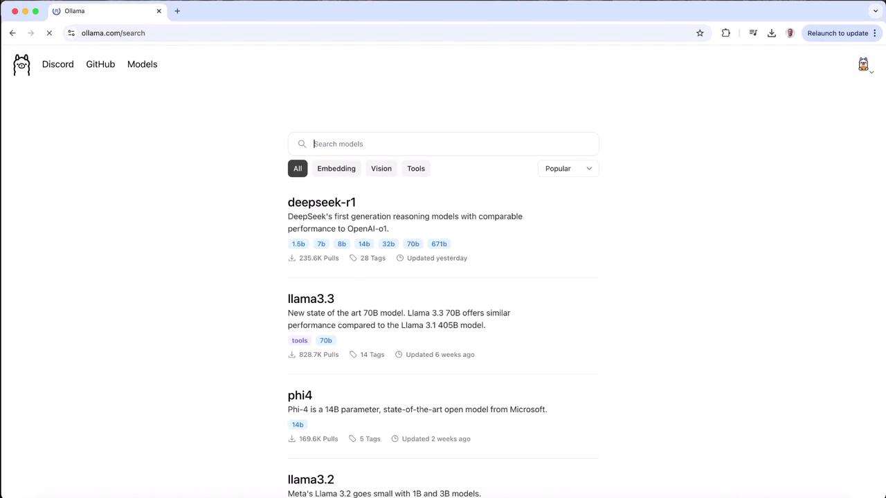 The image shows a webpage from Ollama, displaying a list of AI models such as "deepseek-r1" and "llama3.3" with details about their parameters and performance. There are options to filter models by categories like Embedding, Vision, and Tools.