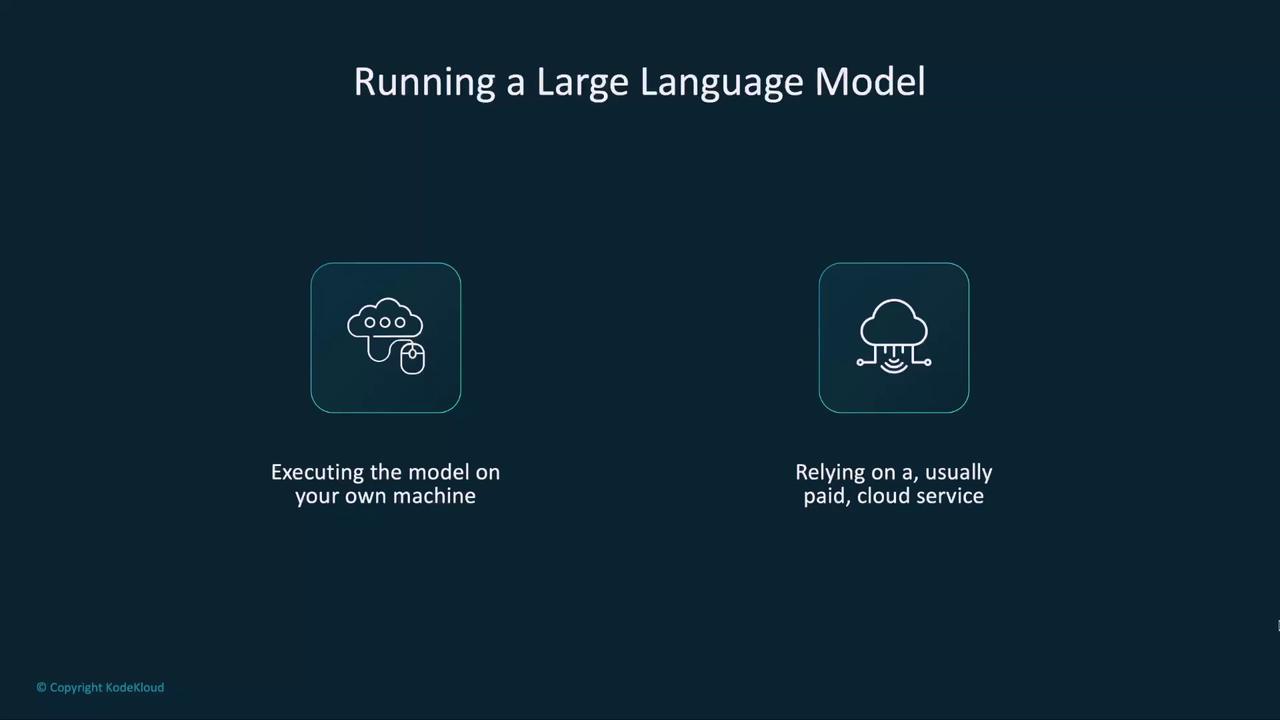 The image compares two methods of running a large language model: executing it on your own machine and relying on a paid cloud service.