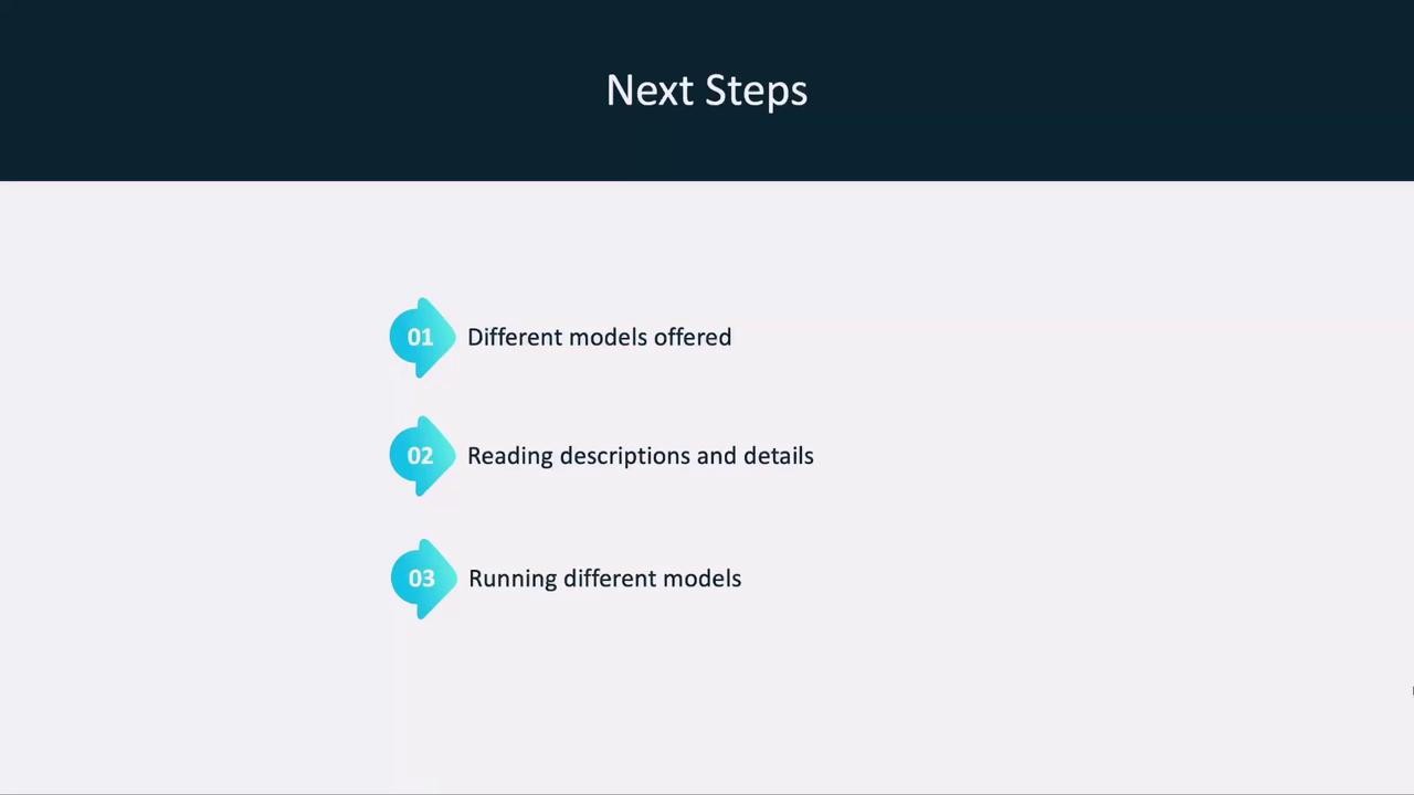 The image is a slide titled "Next Steps" with a list of three items: "Different models offered," "Reading descriptions and details," and "Running different models."