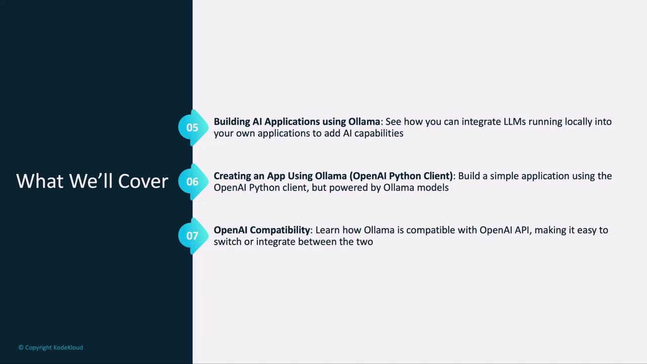 The image is a slide titled "What We'll Cover," outlining topics related to building AI applications using Ollama, creating an app with the OpenAI Python client, and OpenAI compatibility.