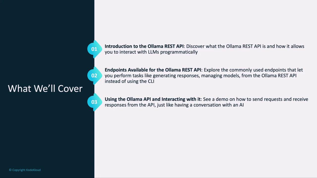 The image is a slide outlining topics to be covered about the Ollama REST API, including its introduction, available endpoints, and interaction methods.