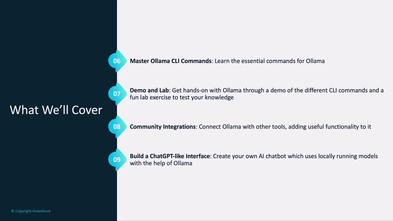 The image is a slide titled "What We'll Cover," outlining topics such as mastering Ollama CLI commands, demos and labs, community integrations, and building a ChatGPT-like interface.