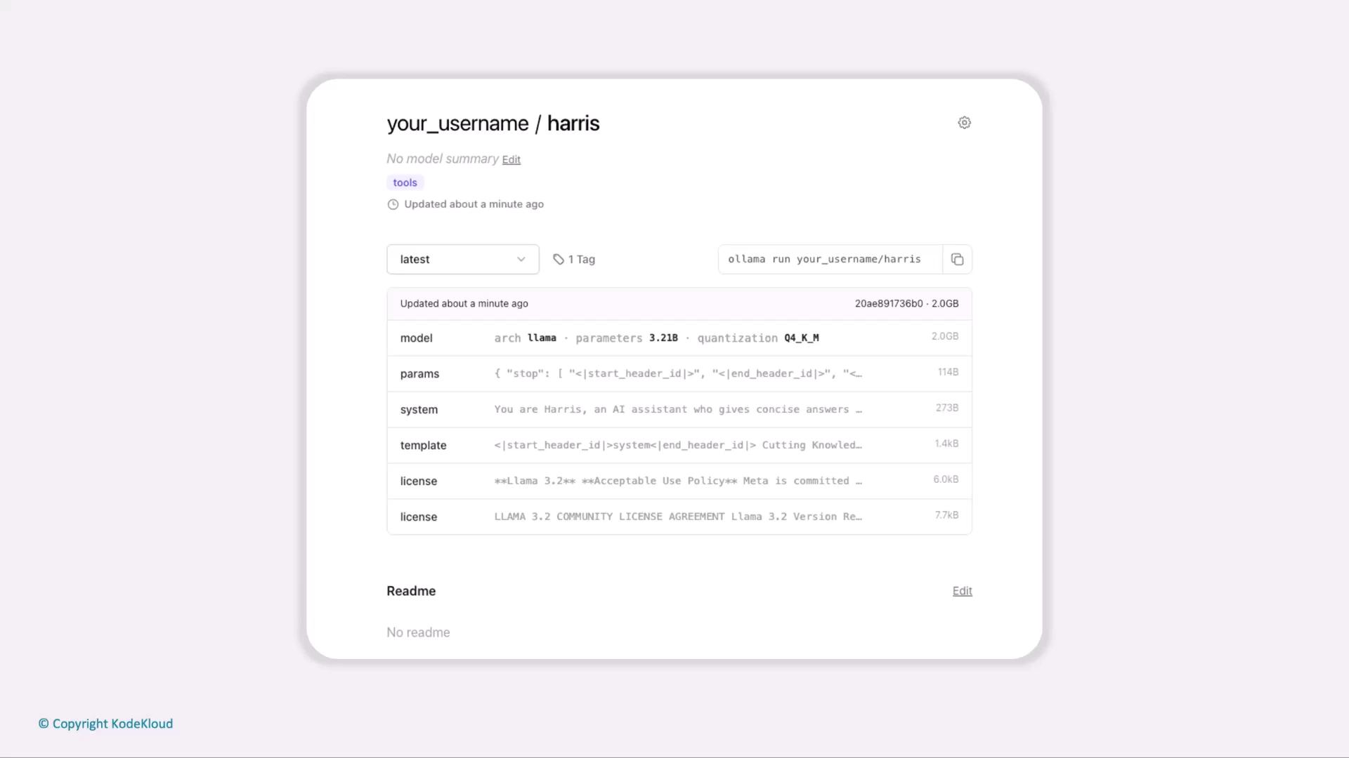 The image shows a user interface for managing an AI model named "harris," displaying details like model architecture, parameters, and system information. It includes options for editing and viewing the model's configuration and license details.