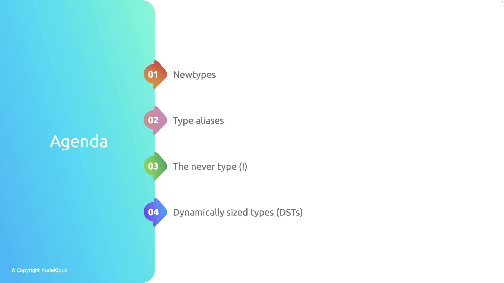 The image shows an agenda with four items: Newtypes, Type aliases, The never type (!), and Dynamically sized types (DSTs), presented in a colorful, numbered list.