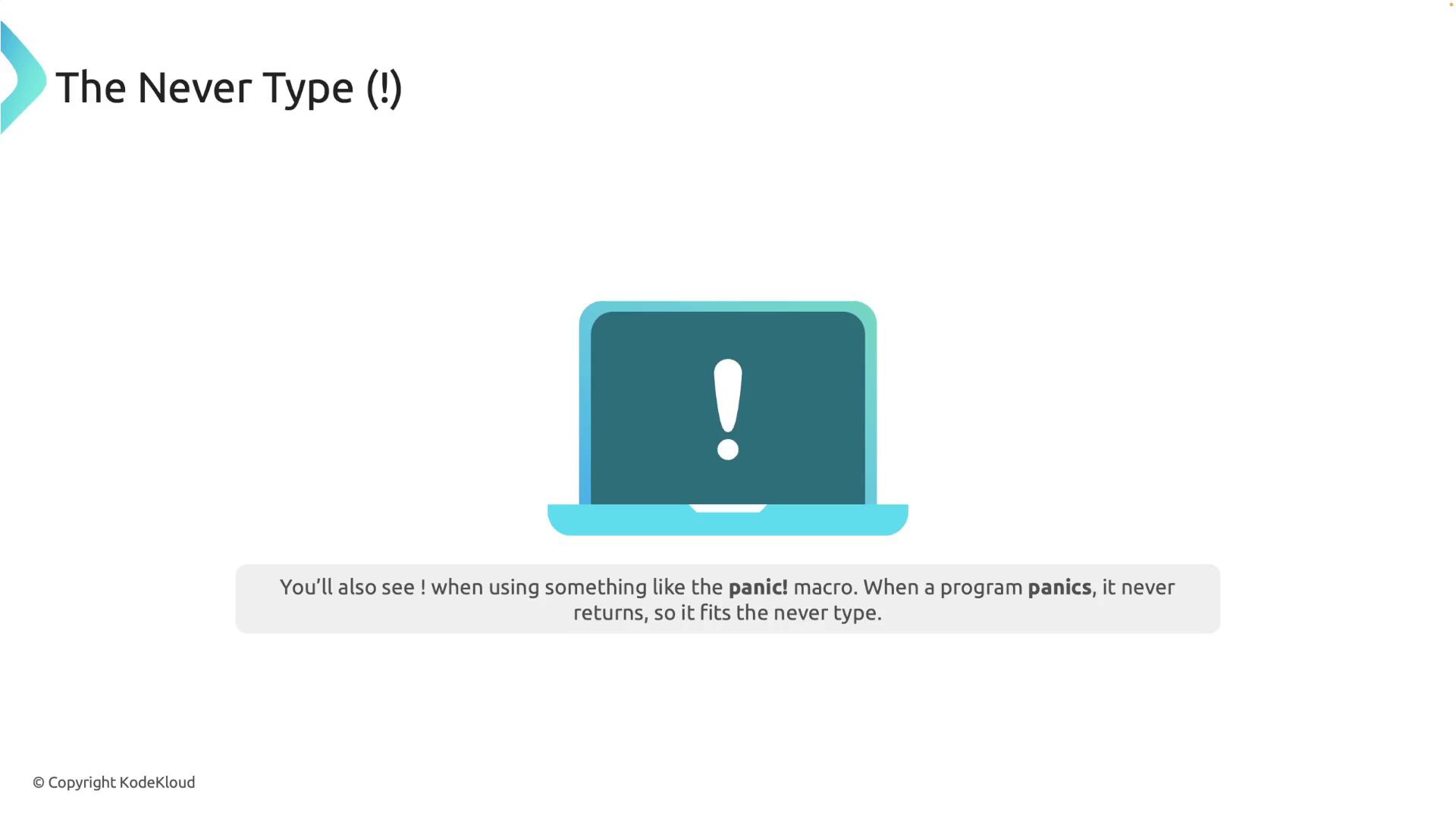 The image features a laptop icon with an exclamation mark on the screen, accompanied by text explaining the "Never Type" in programming, specifically related to the panic! macro.