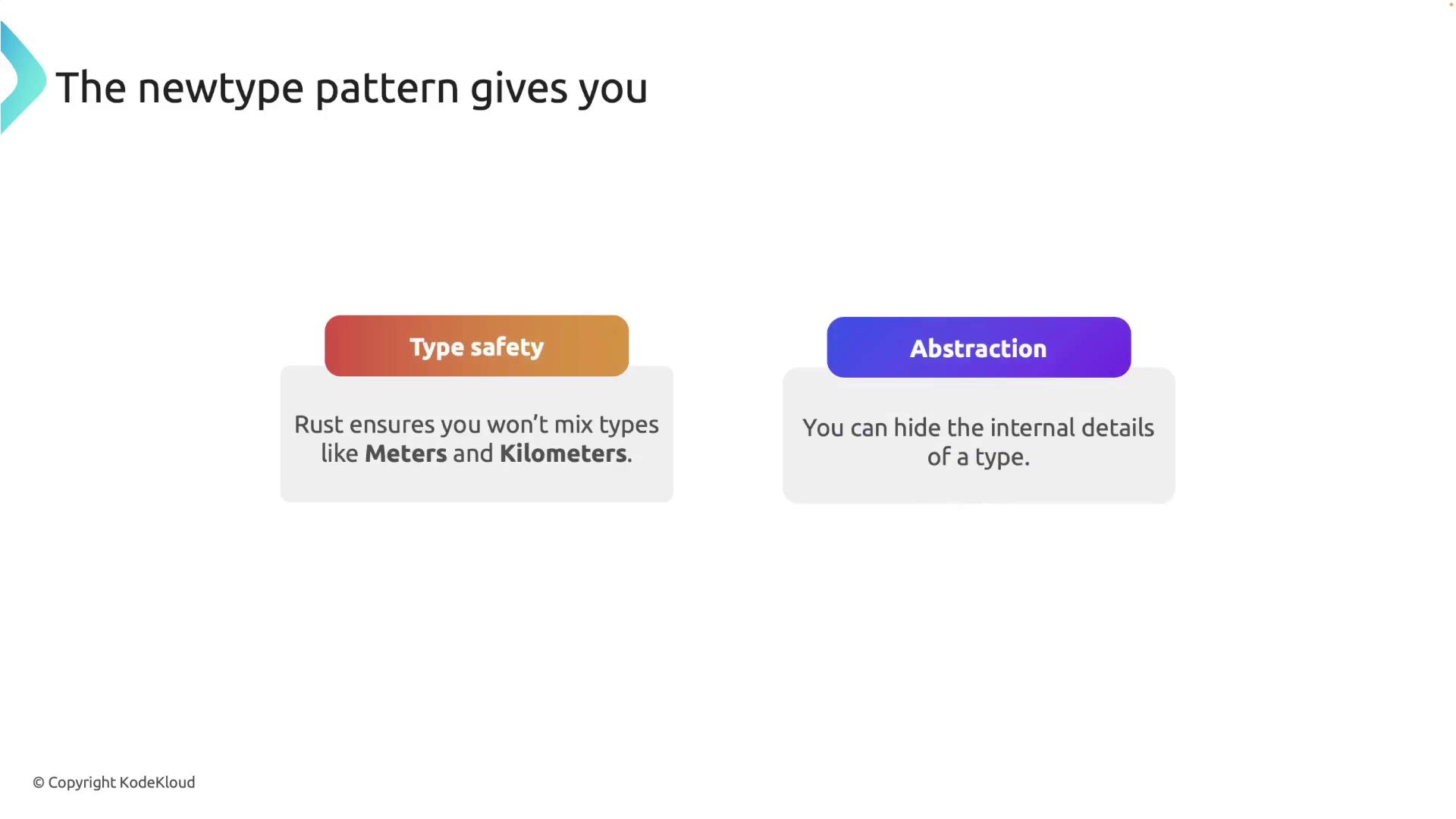 The image explains the benefits of the newtype pattern in Rust, highlighting type safety to prevent mixing types like meters and kilometers, and abstraction to hide internal details of a type.