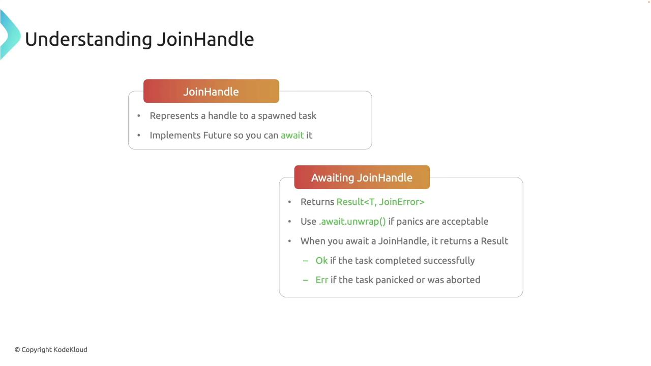 The image is an informational graphic explaining "JoinHandle" in programming, detailing its role as a handle to a spawned task and how it implements Future for awaiting. It also describes the process of awaiting a JoinHandle, including the return of a Result and handling of task completion or errors.
