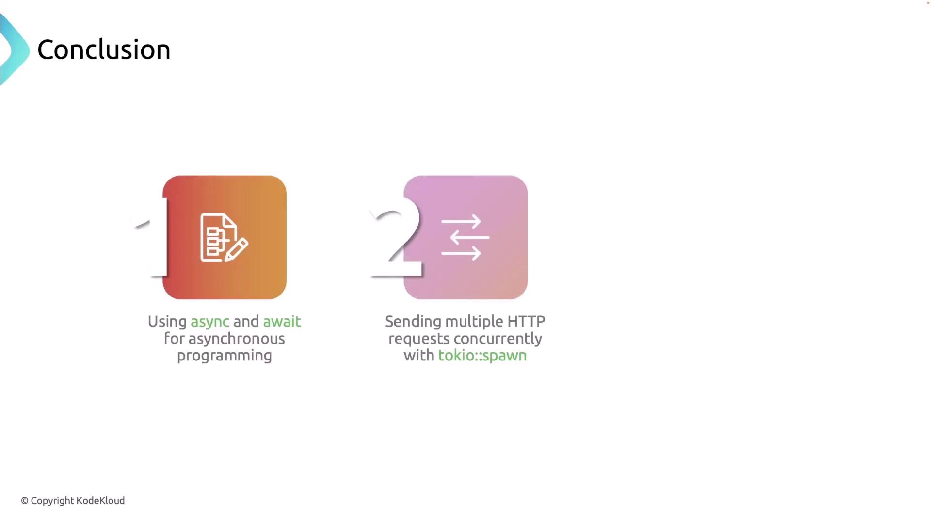 The image is a conclusion slide highlighting two points: using `async` and `await` for asynchronous programming, and sending multiple HTTP requests concurrently with `tokio::spawn`.