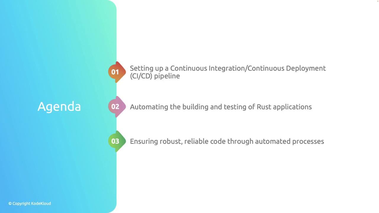 The image is an agenda slide with a gradient background, listing three points: setting up a CI/CD pipeline, automating Rust application testing, and ensuring reliable code through automation.