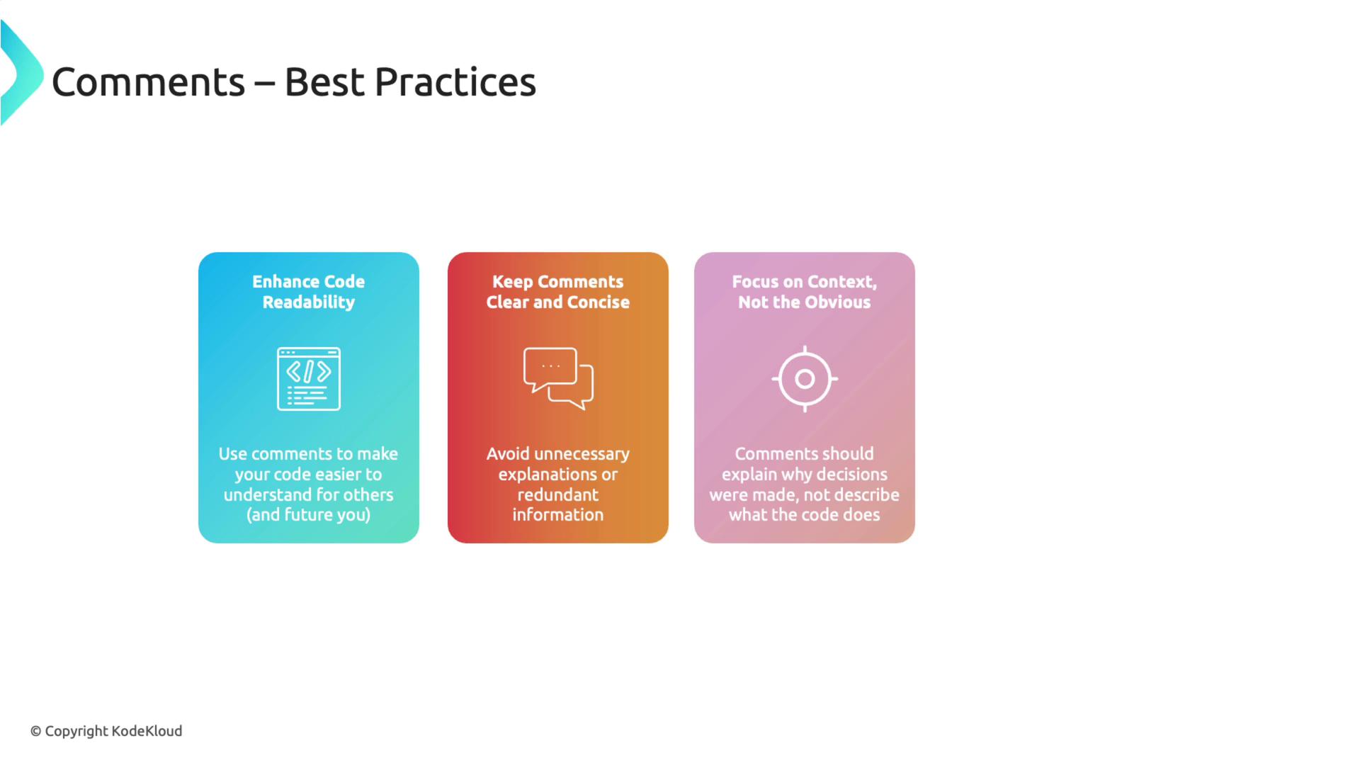 The image outlines best practices for code comments, emphasizing enhancing readability, keeping comments clear and concise, and focusing on context rather than obvious details.