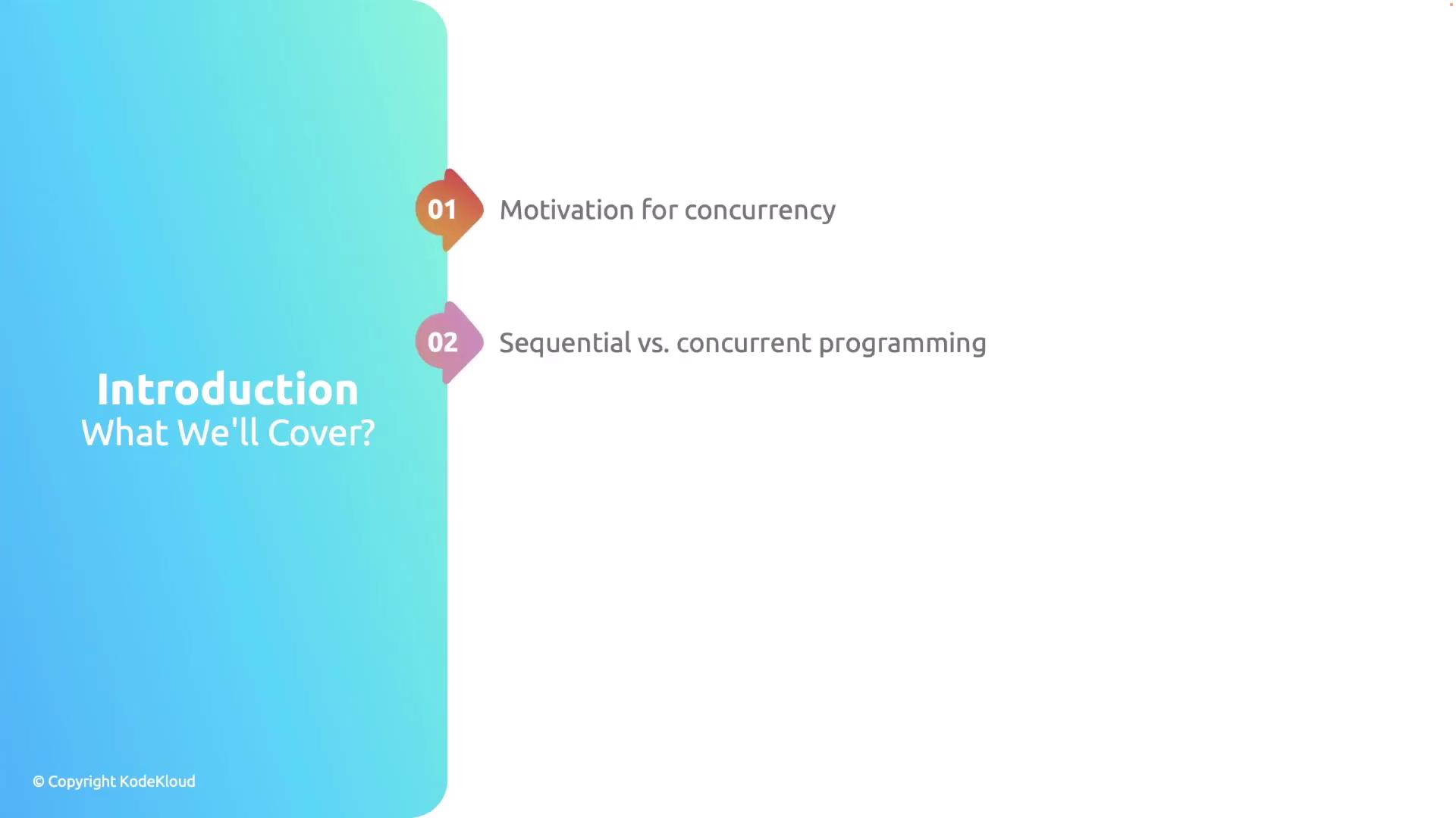 The image is an introduction slide outlining topics on concurrency, including "Motivation for concurrency" and "Sequential vs. concurrent programming." It features a gradient blue background on the left.
