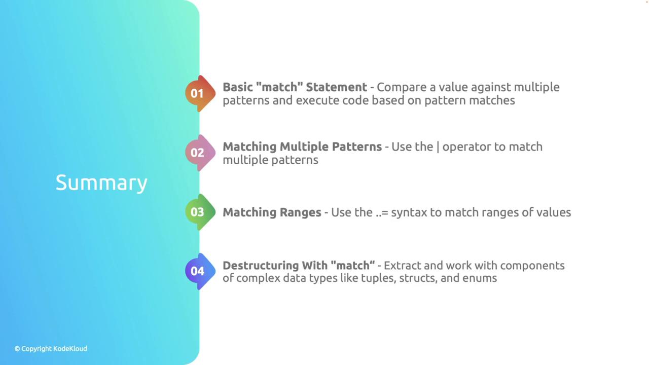 The image is a summary of four programming concepts related to pattern matching, including basic match statements, matching multiple patterns, matching ranges, and destructuring with match.