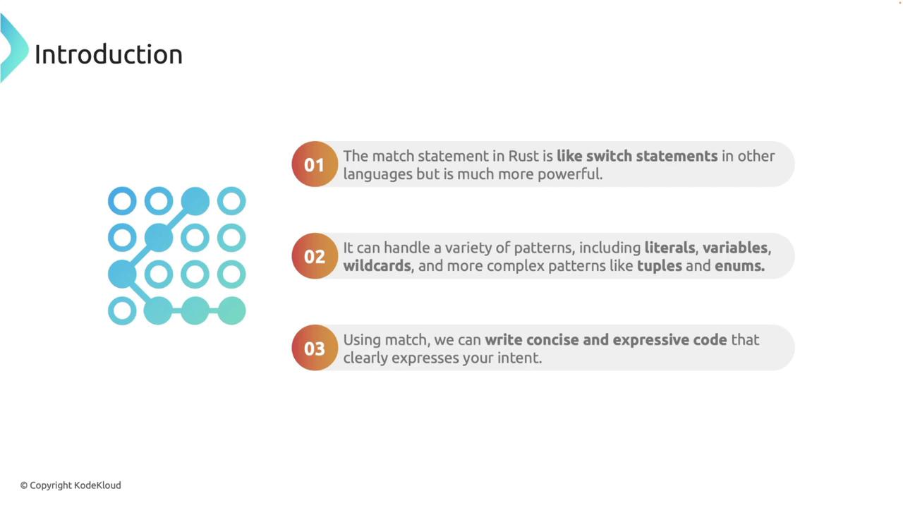 The image is an introduction slide explaining the match statement in Rust, highlighting its power compared to switch statements, its ability to handle various patterns, and its use for writing concise and expressive code.