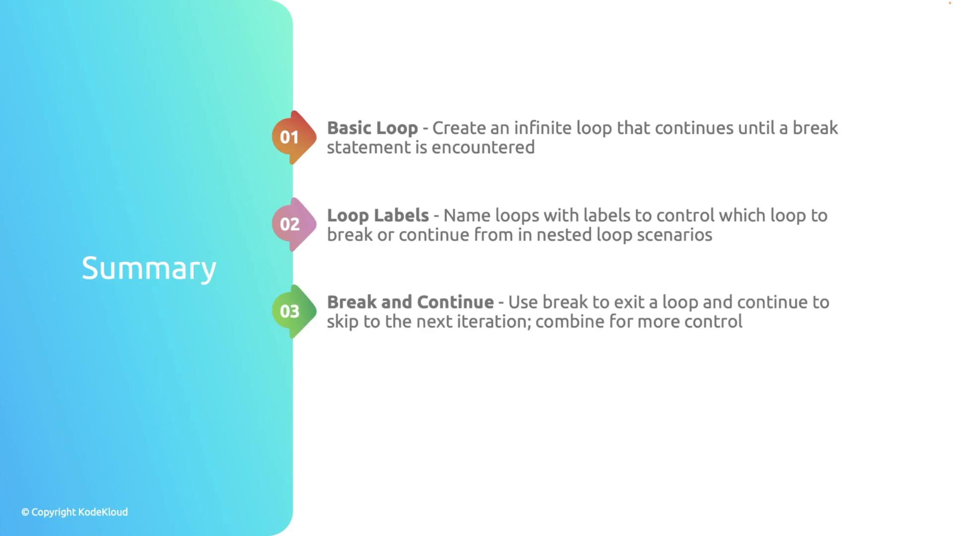 The image is a summary of programming loop concepts, including basic loops, loop labels, and break and continue statements, with a colorful design.