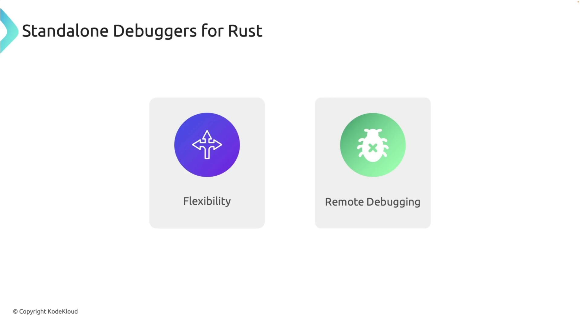 The image is a presentation slide titled "Standalone Debuggers for Rust," featuring two icons labeled "Flexibility" and "Remote Debugging."