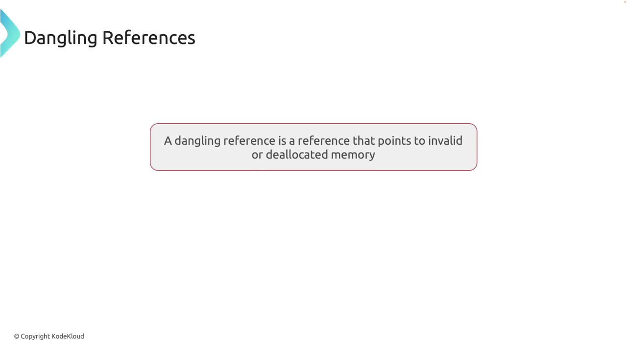The image explains that a dangling reference is a reference pointing to invalid or deallocated memory.