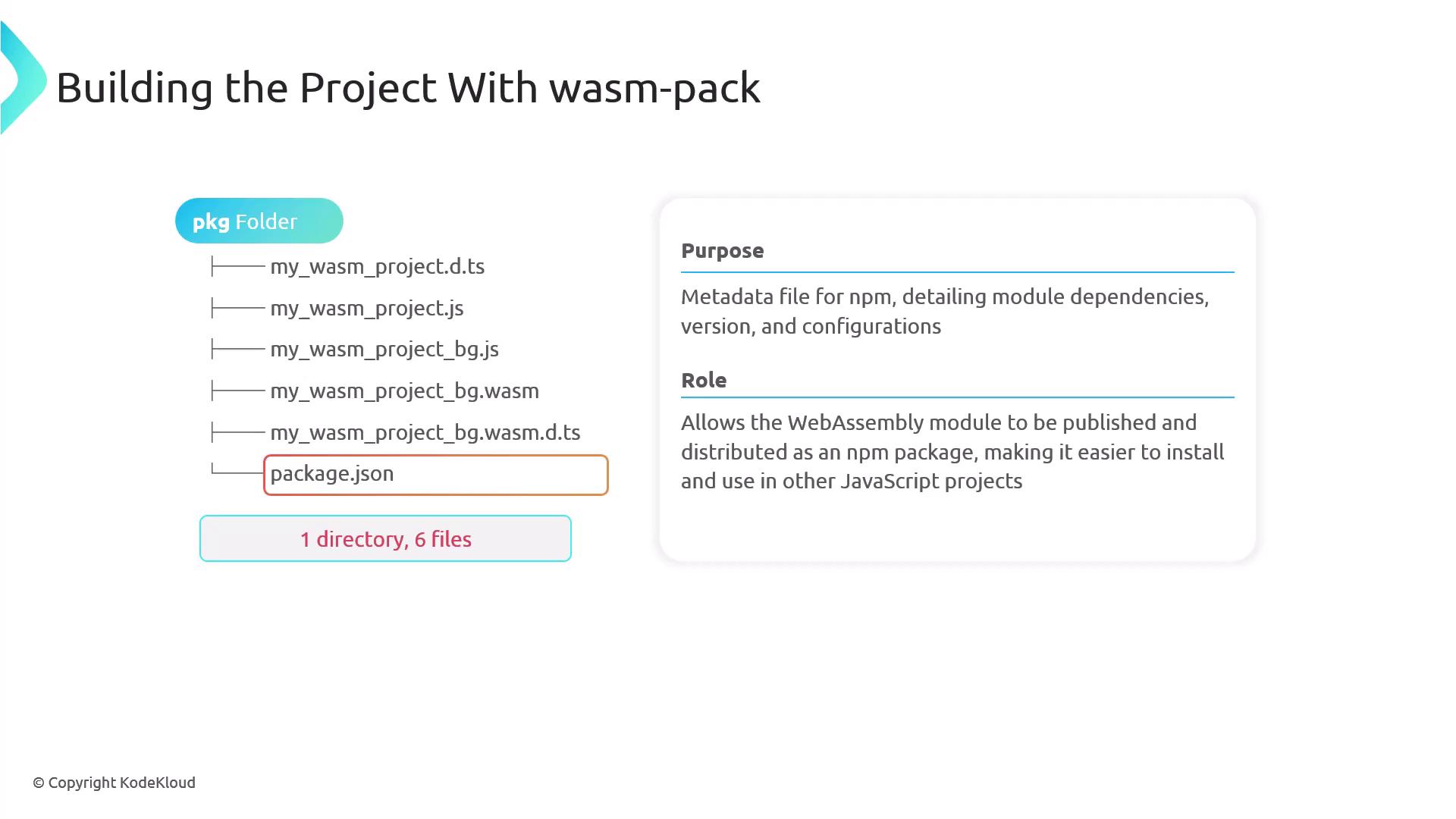 The image shows a directory structure for a WebAssembly project built with wasm-pack, listing six files including a `package.json`. It also explains the purpose and role of the `package.json` file in the context of npm and JavaScript projects.