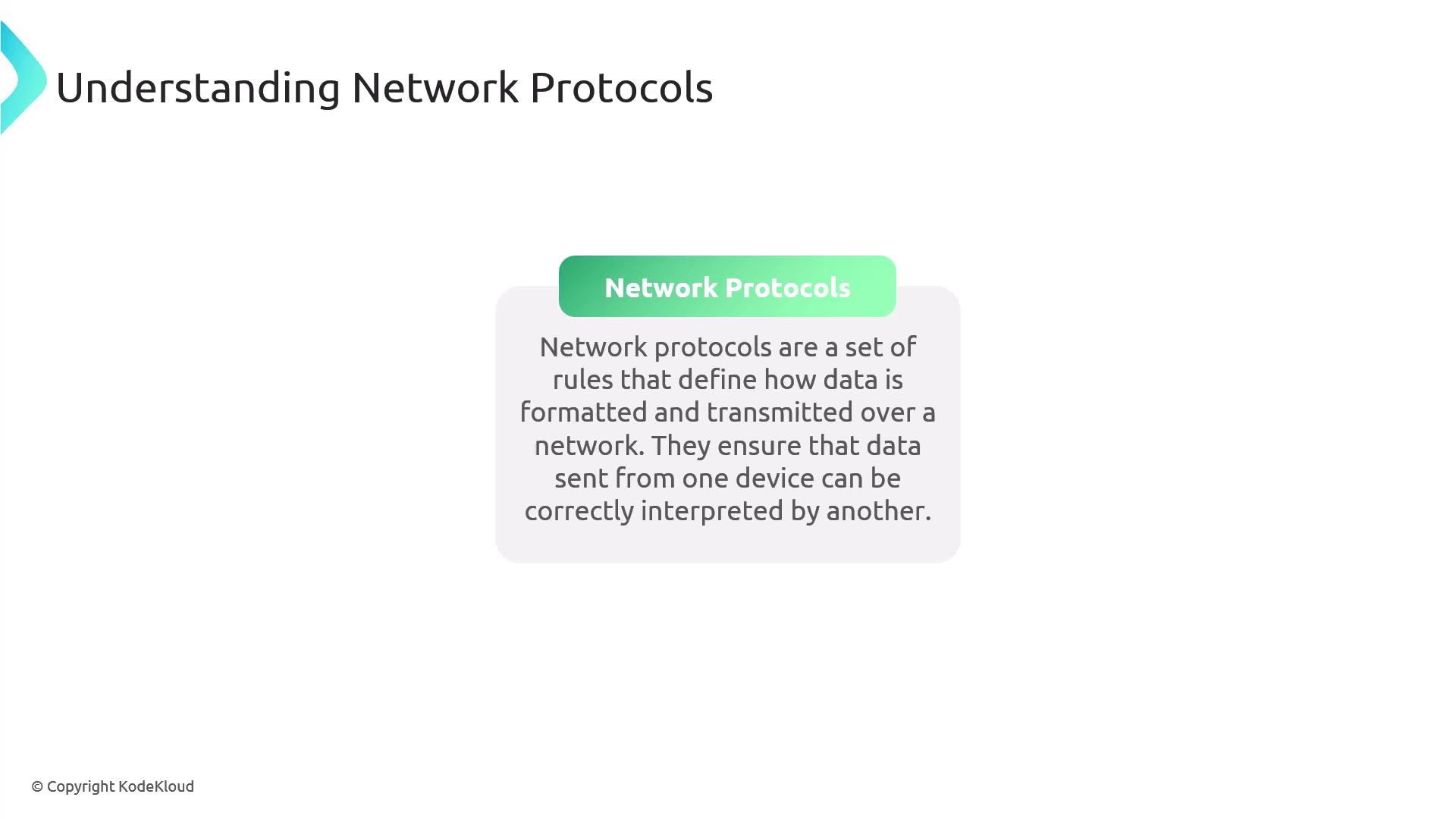 The image is an educational slide titled "Understanding Network Protocols," explaining that network protocols are rules for formatting and transmitting data over a network to ensure correct interpretation between devices.