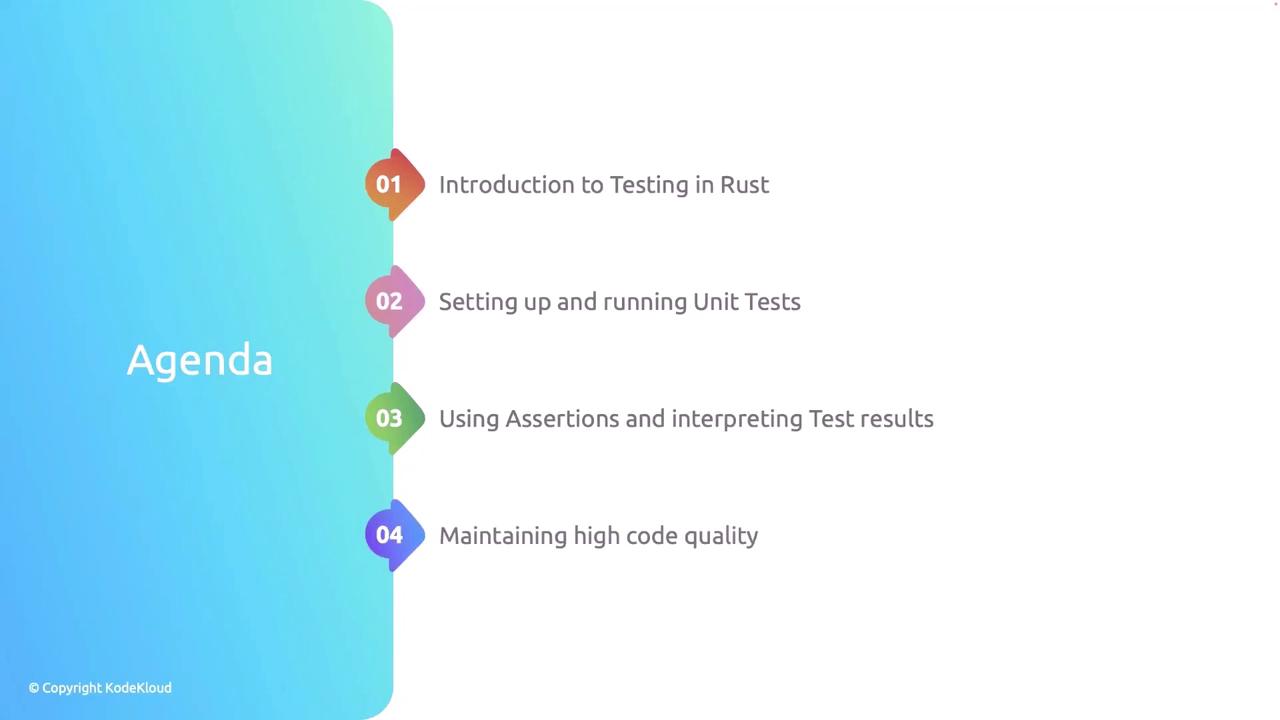 The image shows an agenda for a presentation on testing in Rust, including topics like introduction to testing, setting up unit tests, using assertions, and maintaining code quality. The agenda is visually organized with numbered steps and a gradient background.