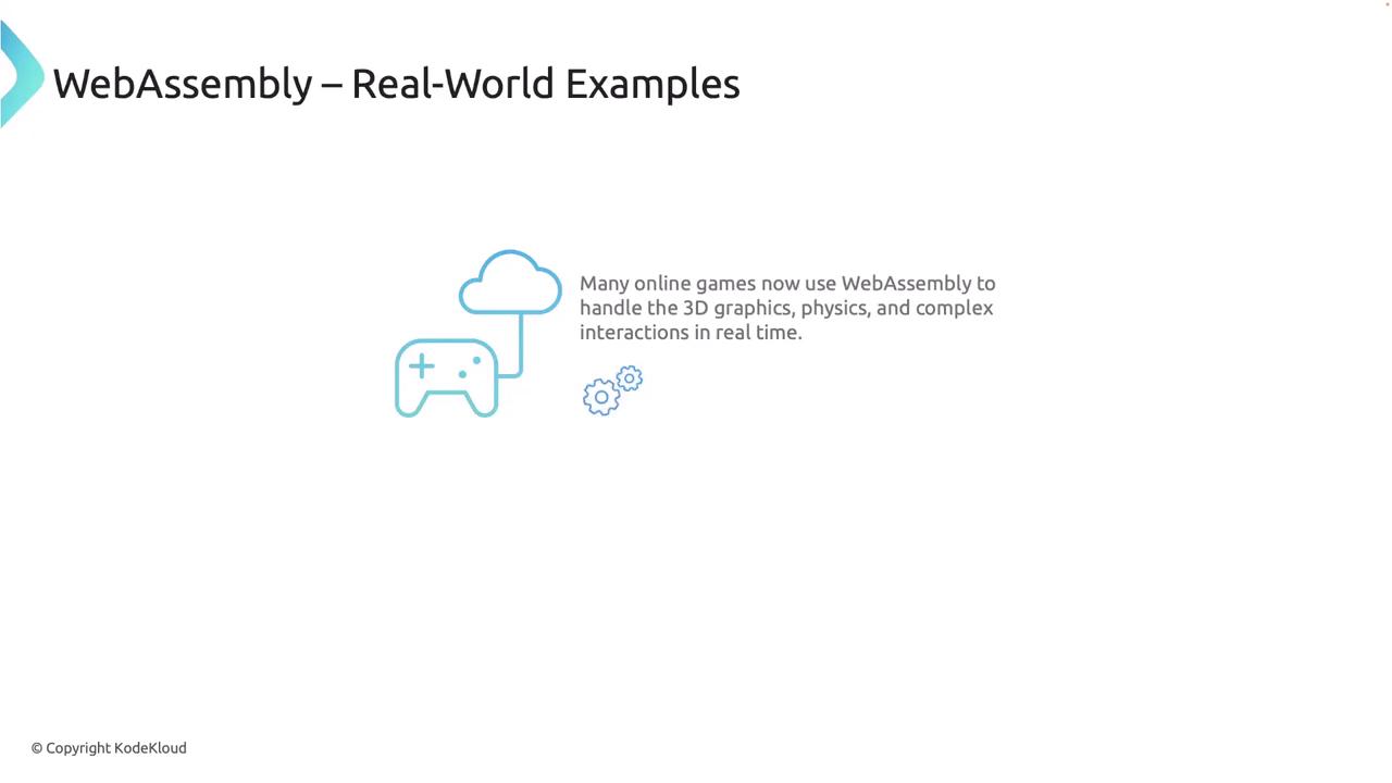 The image is a slide titled "WebAssembly – Real-World Examples," featuring an illustration of a game controller and cloud, with text explaining that many online games use WebAssembly for handling 3D graphics, physics, and complex interactions in real time.